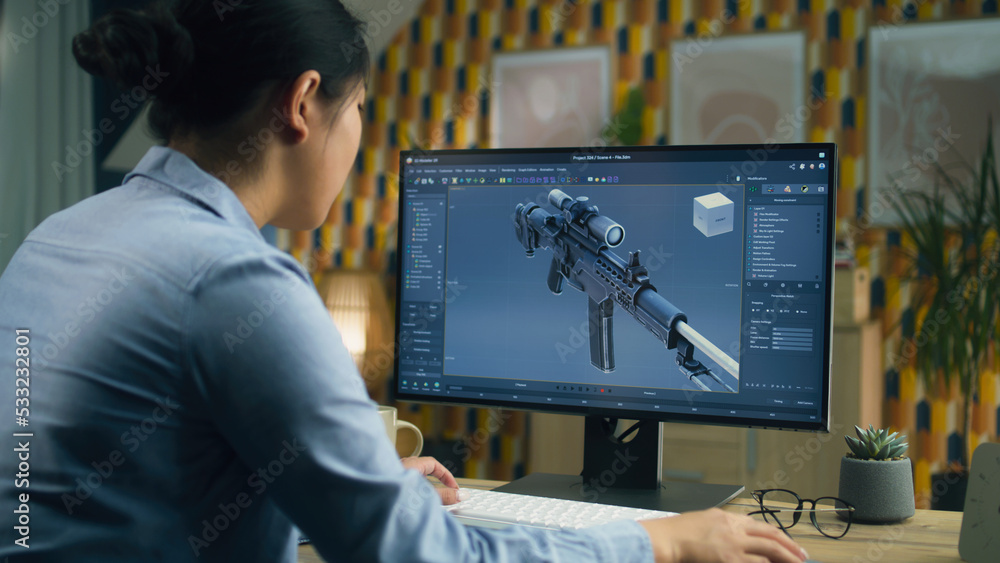 Poster female 3d designer creating 3d model of gun and making graphic using software for modeling 3d projec