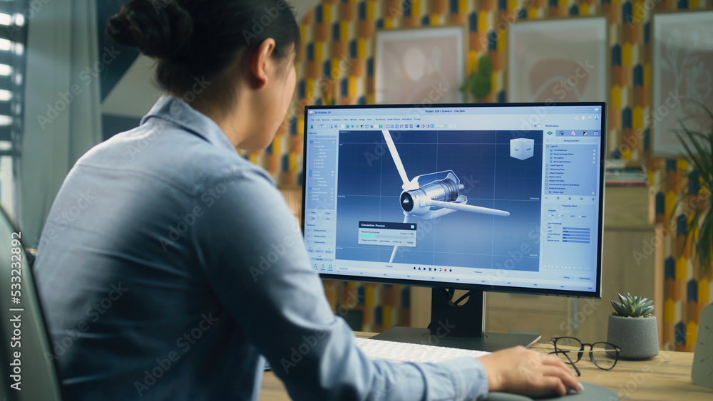 Aufkleber asian female engineer drawing wind turbine 3d spare part in professional 3d modeling program on pc w