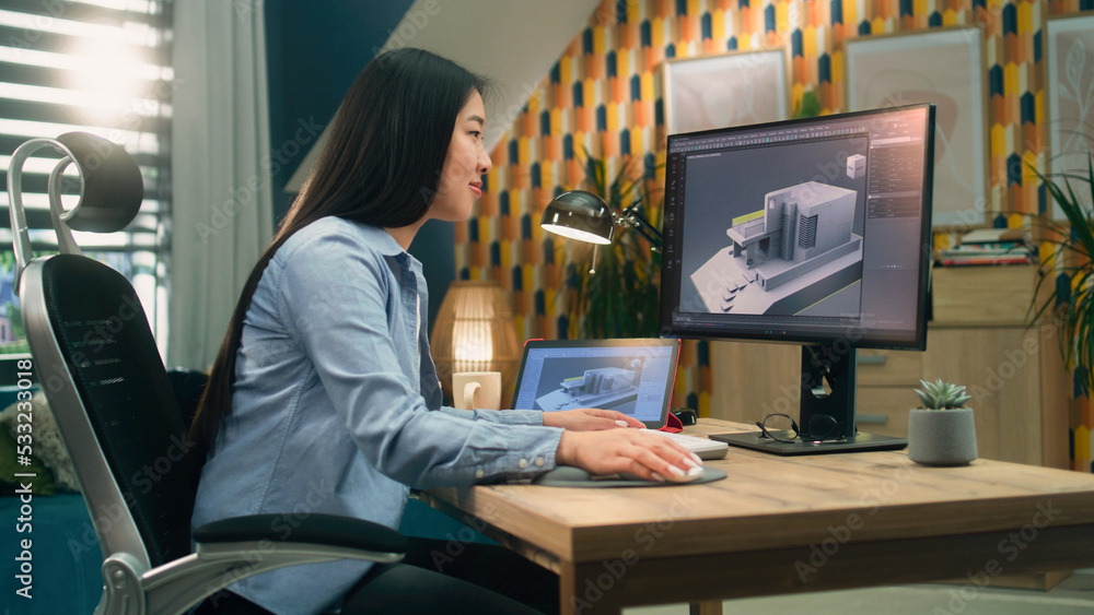 Poster female asian 3d designer at home working on 3d modeling project of house and making exterior in prof