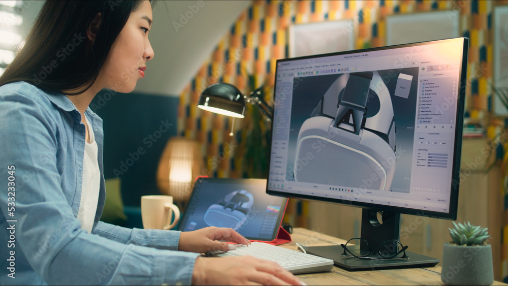 Poster asian female freelancer working from home office and creating 3d prototype of modern vr headset in p