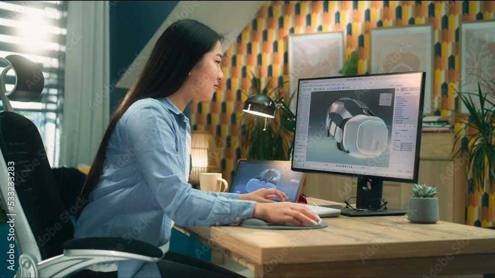 Poster asian female freelancer working from home office and creating 3d prototype of modern vr headset in p
