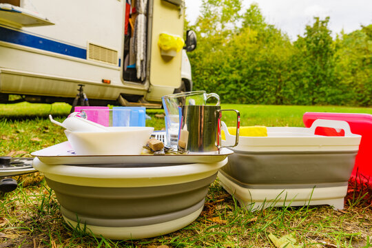 Clean Dishes Drying On Fresh Air, Camping Outdoor