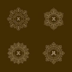 monogram logo template set. circular floral line, ornament, floral, for business sign, wedding monogram, restaurant, hotel, elegant calligraphy
