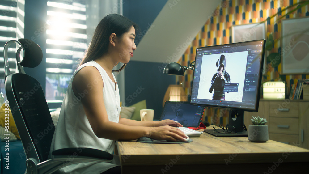Poster asian woman creating 3d model of video game character in professional program using computer and dig