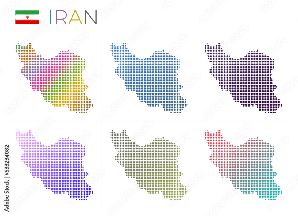 Poster iran dotted map set. map of iran in dotted style. borders of the country filled with beautiful smoot