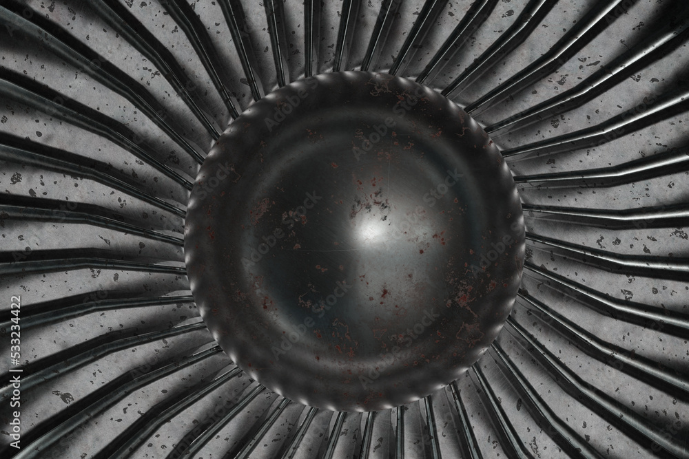 Poster 3d rendering of old rotation turbine in a close-up