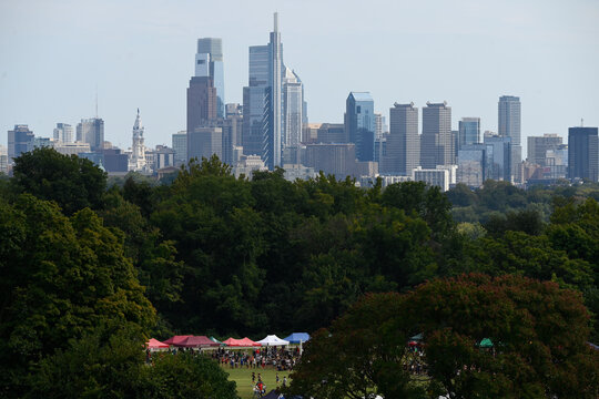 The Center City Philadelphias Skyline Appears On The Horizon As An Event Takes Place On The Fields At Belmont Plateau In The Fairmount Park Section Of West Philadelphia, PA, USA On September 25, 2022.