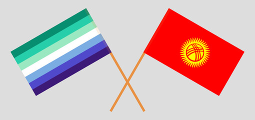 Crossed flags of gay men pride and Kyrgyzstan. Official colors. Correct proportion
