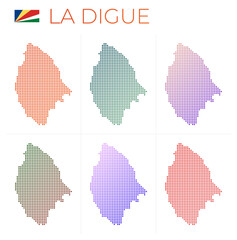 La Digue dotted map set. Map of La Digue in dotted style. Borders of the island filled with beautiful smooth gradient circles. Classy vector illustration.