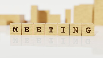 word meeting engraved on wooden blocks, in front of wooden cuboids, reflected on the surface with white background (3D rendering)