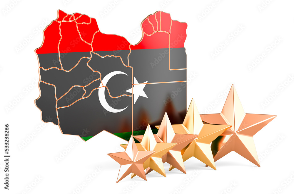 Poster libyan map with five stars. rating, quality, service in libya. 3d rendering