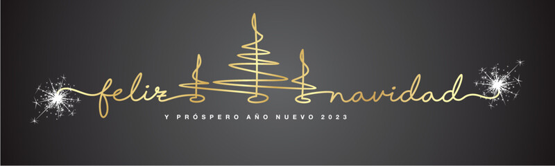 Merry Christmas and Happy New Year 2023 Spanish language golden handwritten lettering tipography line design Christmas trees sparkle firework black background banner