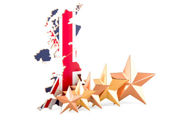 British map with five stars. Rating, quality, service in the Great Britain. 3D rendering