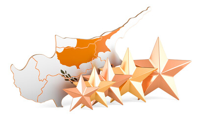 Cypriot map with five stars. Rating, quality, service in Cyprus. 3D rendering
