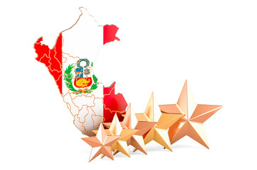 Peruvian map with five stars. Rating, quality, service in Peru. 3D rendering