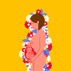 Happy pregnant woman with baby inside her belly standing on a background of flowers vector illustration