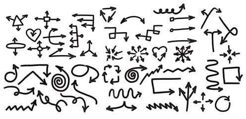 Hand drawn big arrows set isolated on white. Sketch curved dashed,swirl,curve arrow. Arrows handmade doodle and sketch style. Collection of design elements of varios shapes and directions.