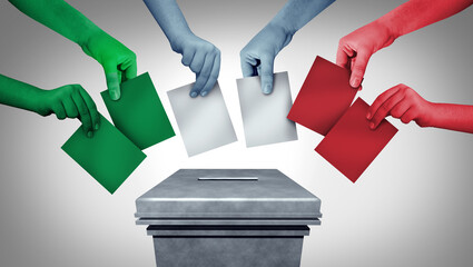 Italian People voting and Italy community vote concept with hands casting ballots at a polling station during an election as a democratic right in a European democracy - obrazy, fototapety, plakaty