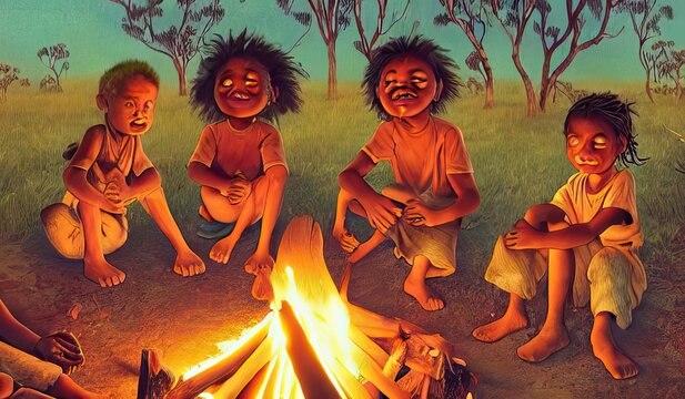 Aboriginal Australian Children Kids Are Sitting Around A Campfire In The Dry Red Outback Bush, Listening To Stories About The Dreamtime, Storybook Illustration