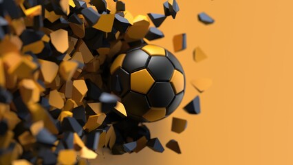 Black-yellow soccer ball breaking with great force through black-yellow wall under spot light background. 3D high quality rendering. 3D illustration. 3D CG.