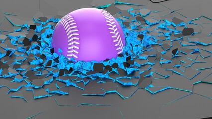 Purple baseball breaking with great force through blue illuminated black wall under black-white background. 3D high quality rendering.