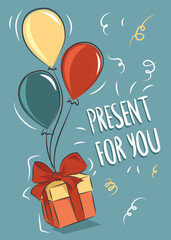 Retro postcard, illustration of a gift with a red bow hanging on balloons