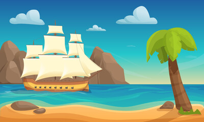 vintage sailing ship in the bay with rocks, vector illustration