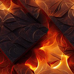 Stones of fire in a path on lava texture background and tile template. Close-up of fire stones of lava element for an endless tiled pattern. Dragon scales of fire. 3D illustration seamless background