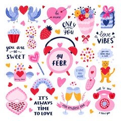 Big clipart and lettering set for St. Valentine's day. Valentine hand drawn isolated vector. Holiday, love, romance concept. Love letter, bird, gift, sweet, champagne, phone, rainbow, clock, flower.
