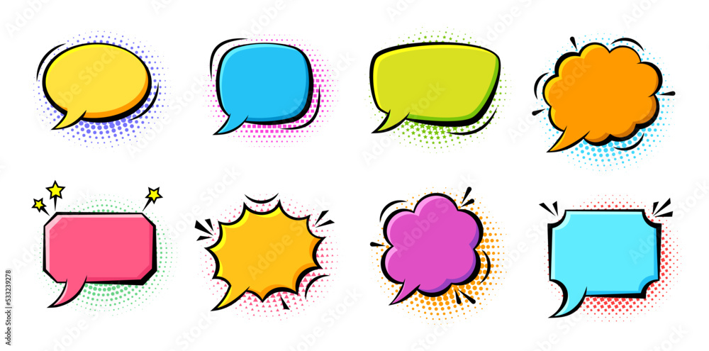 Poster retro sketch speech bubble icon set. cartoon pop art bubbles on color halftone background. explosion