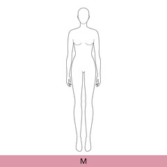 M Size Women Fashion template 9 nine head Croquis Lady model skinny body figure front view. Vector isolated outline sketch girl for Fashion Design, Illustration, technical drawing