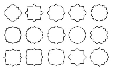 Label set, different shape, line style. Contour frame for text about product, sale info, certificate, blank, card. Empty sticker template for jar, container, bottle, pack. Outline retro border design