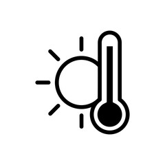 Simple weather icon with thermometer and hot sun in outline style vector illustration. Concept line symbol high heat temperature