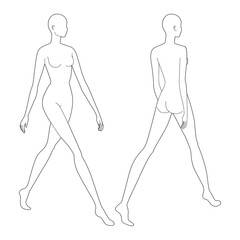 Set of Walking women Fashion template 9 nine head size female for technical drawing. Lady figure front 3-4 and back view. Vector outline girl for fashion sketching and illustration.