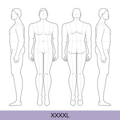 Set of XXXXL Men Fashion template extra large 9 head size Croquis over plus size Gentlemen model Curvy body figure front, side, back view. Vector outline boy for Fashion Design, technical drawing