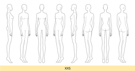 Set of XXS size Women Fashion template 9 nine head size Croquis Lady model skinny body figure front, side, 3-4, back view. Vector isolated sketch outline boy girl for Fashion Design, Illustration