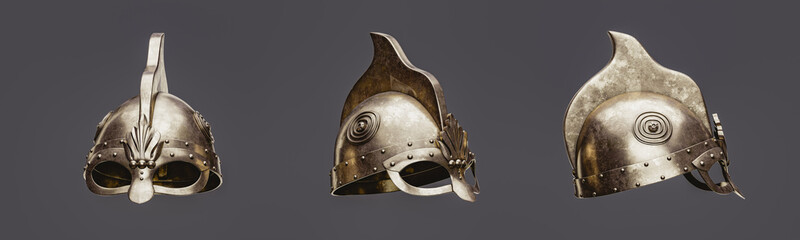 Three warrior helmets from 3 view angles, Old brass metal helm, 3d rendering