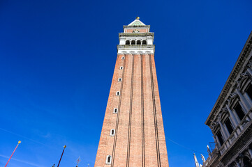 Venice, Italy: Bell tower on main square. St Mark's Campanile. St. Mark's Square or Piazza San Marco 