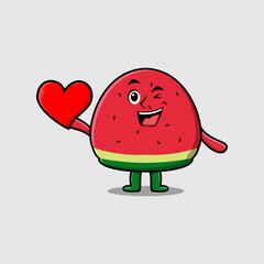 Cute cartoon Watermelon character holding big red heart in modern style design illustration