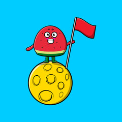 Cute cartoon Watermelon character standing on the moon with flag in 3d modern design illustration