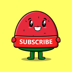 Cute cartoon Watermelon character holding red subscribe board