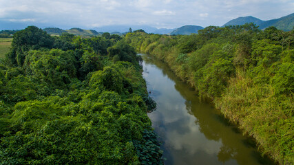 Aerial view of Macacu River, one of the rivers that flows into Guanabara Bay, the postcard of Rio de Janeiro.