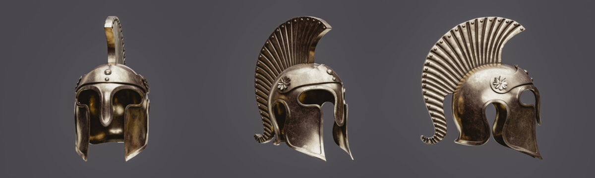 Three warrior helmets from 3 view angles, Old brass metal helm, 3d rendering