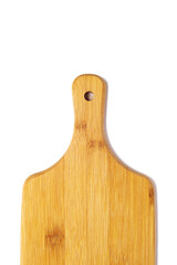 wooden cutting board on white background. Texture, reading space.