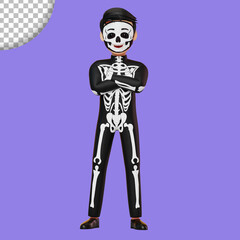 Obraz premium Child in skeleton costume preparing for Halloween party, 3D rendering illustration