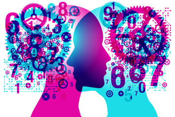 A male and female side silhouette positioned face to face, overlaid with a random set of shapes, gears and numbers.