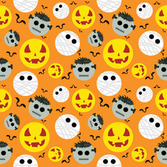 Halloween background in seamless pattern. Cartoon faces of ghosts, mummies and bats. Gift wrapping paper idea for ghost festival. vector illustration cute fabric pattern