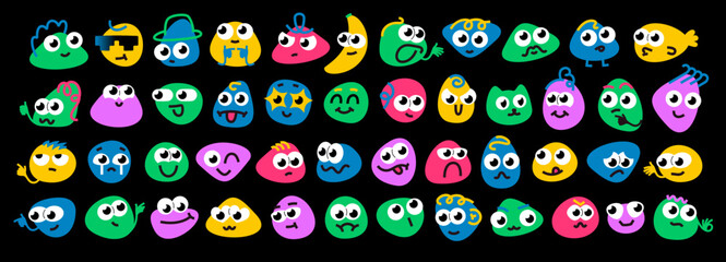 Abstract rock friends faces. Comic doodle emotions, various facial expressions and cartoon colorful characters vector set - obrazy, fototapety, plakaty