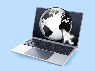 Internet access. Cursor clicks at globe icon, laptop screen realistic 3D vector Illustration