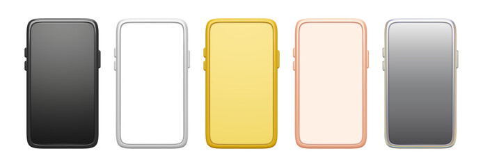 Mobile phone mockup. Smartphone frame template, empty screen cell phones for app presentation. Isolated flat front view with 3D stylization vector set